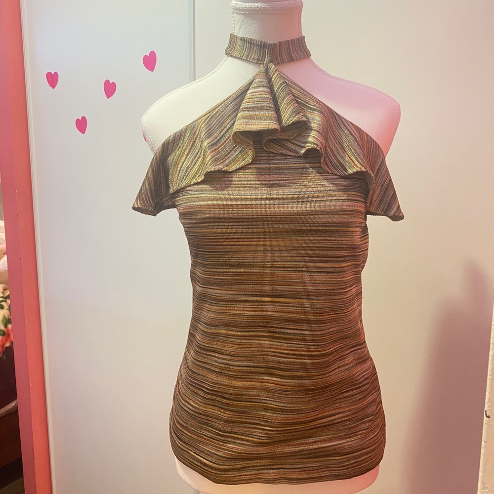 Y2K Beachy Brown Striped Halter Ruffle Knit Top